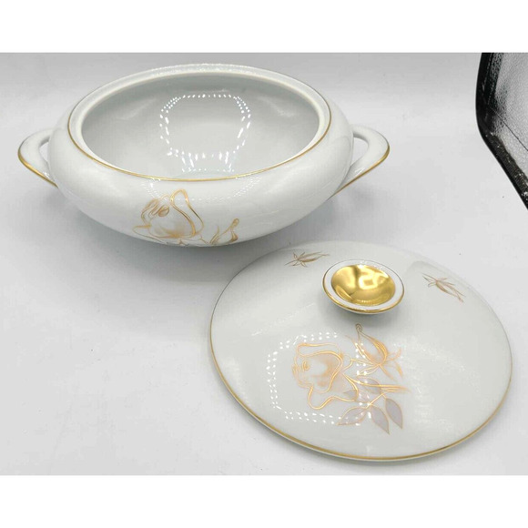 Vintage KPM Krister Germany Covered Serving Bowl. Gold Rose Design - Picture 13 of 14